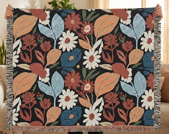 Dark Floral Woven Blanket, Botanical Boho Throw, Moody Cottage Home Decor