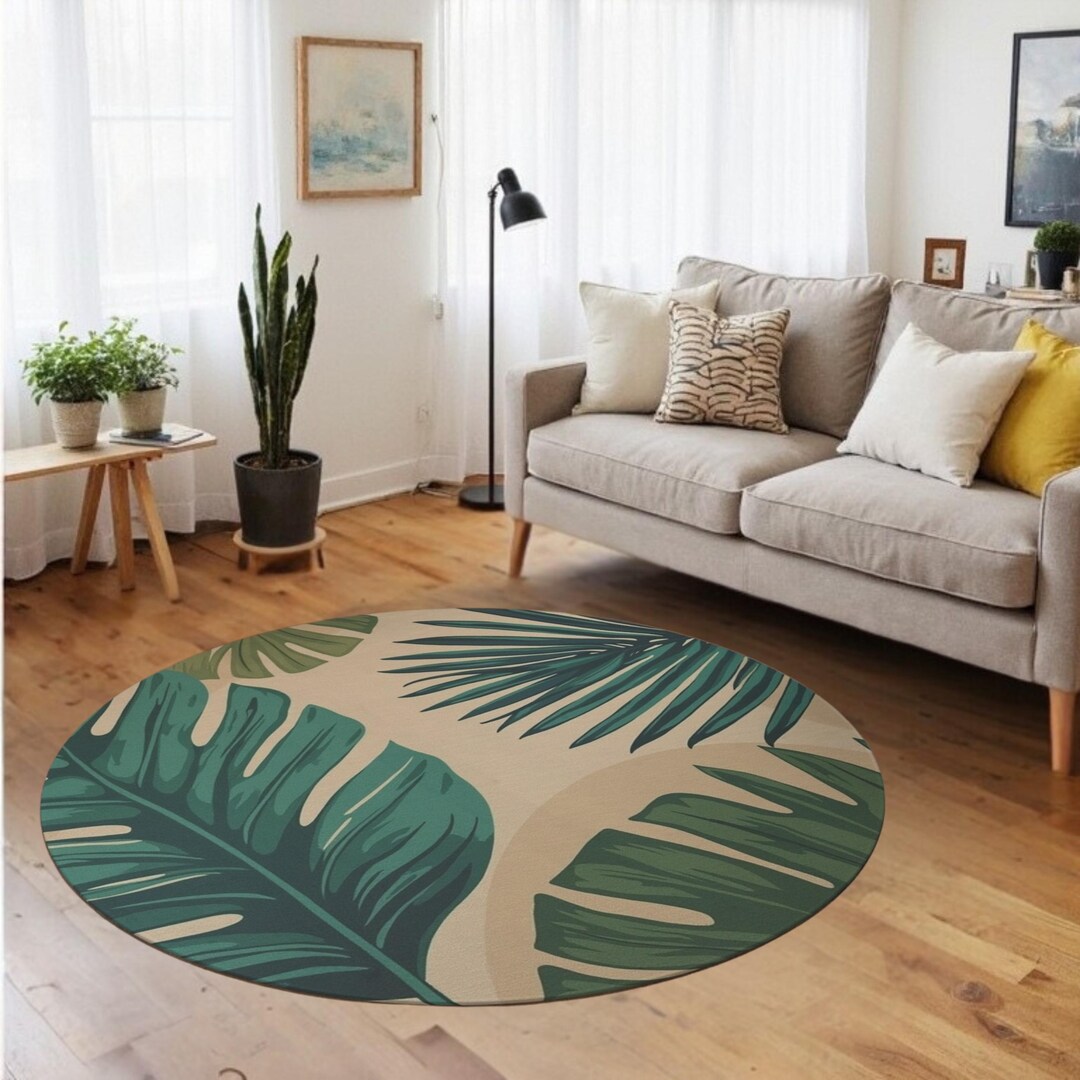 Relaxed Rugs Tropical Palm Leaf Round Rug - Green and Beige Nature-inspired Design ...