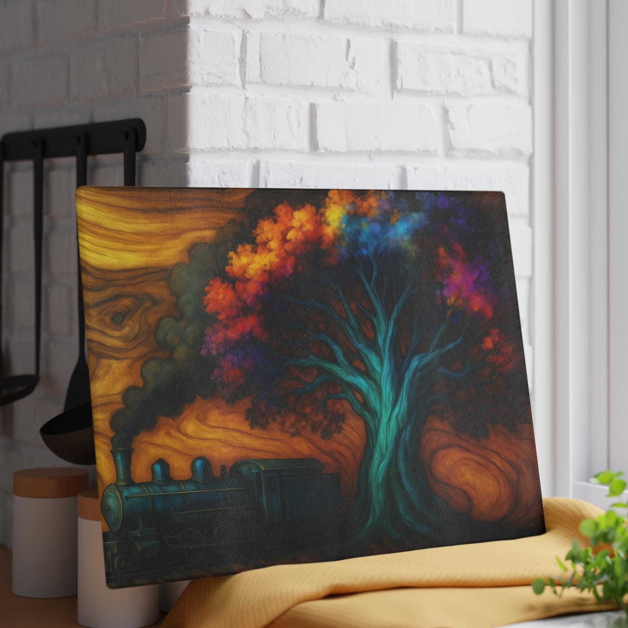 Planche à Découper En Verre Trempé 80x52 Cm | Motif Peinture Abstraite Forêt - Neuf