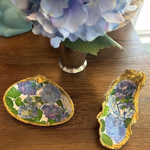 Blue, purple, green Hydrangea Floral Oyster and Sea shell jewelry/trinket dish