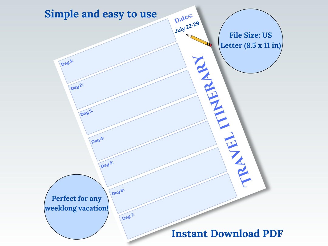 Digital Weeklong Vacation Printable, Weeklong Travel Itinerary ...