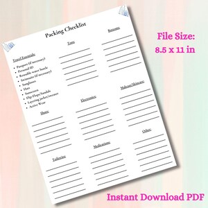 Digital vacation packing list template, General vacation list printable template