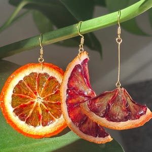 Blood Orange Resin Earrings, Genuine 18k Gold Hooks Handmade Real Fruit Jewelry Unique Gift for Her