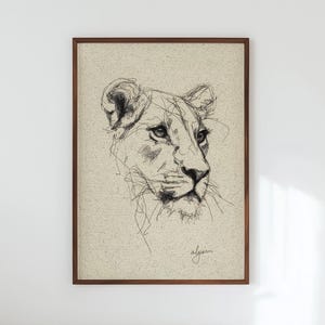 Lámina con boceto de león: dibujo expresivo de animales a tinta, arte mural moderno de safari (descarga digital).