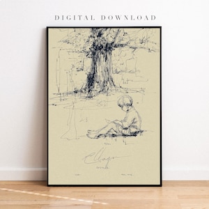 Könnte beinhalten: Ein gerahmter digitaler Kunstdruck mit einer Feder- und Tinte-Skizze einer Person, die unter einem Baum liest. Das Kunstwerk ist in Schwarzweiß gehalten, mit dem Text "DIGITALER DOWNLOAD" oben. Der Druck hat einen beigen Hintergrund und ist signiert.