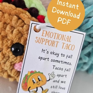 3 Emotional Support Taco Tags, PDF File for Crochet Emotional Support Taco