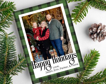 Editable Christmas Card, Green Plaid Holiday Card, Holiday Card Template, Photo Christmas Card, Personalized Holiday Picture Card, Canva
