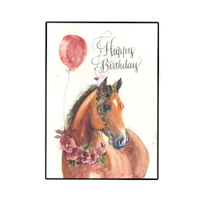 Personalized Watercolor Horse Birthday Card with Balloon