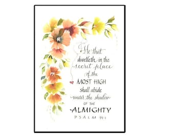 Christian Bible verse Card with hand painted flowers and Hand Calligraphy