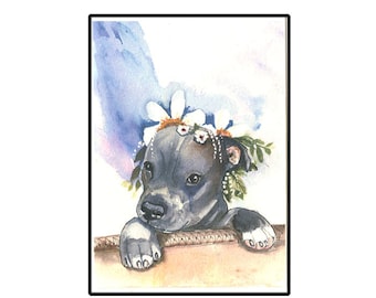 Dog Greeting Card, Pit Bull Puppy Card, Puppy with flowers Card, Birthday card