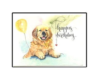 Birthday card, Golden Retriever Birthday Card, Golden Puppy with Balloon Card