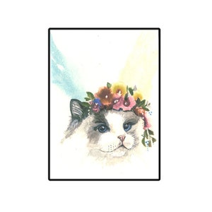 Cat Greeting Card, Beautiful Cat Blank Greeting Card, Watercolor Cat with Flowers
