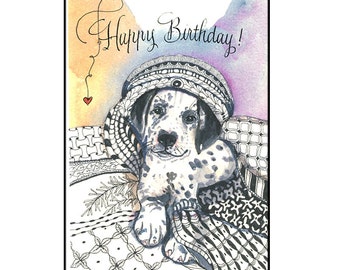 Cute Dalmatian Puppy Birthday Card with Zentangle art.