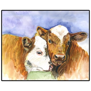 Watercolor Calves Print: Farm Animal Art (8x10)