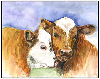 Watercolor Cow Print, Two Calves in Watercolor, Farm Animal Print