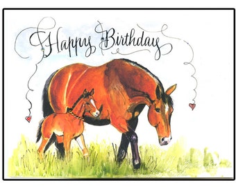 Watercolor Horse Birthday Card: Mare and Foal, Handmade