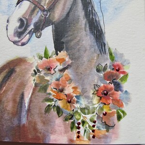 May include: Watercolor painting of a brown horse with a floral garland around its neck. The flowers are in shades of orange, red, and pink.