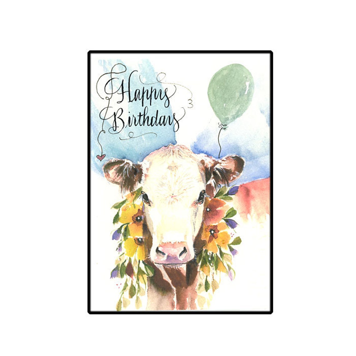 birthday-card-cow-birthday-card-cow-with-flowers-cow-card-etsy