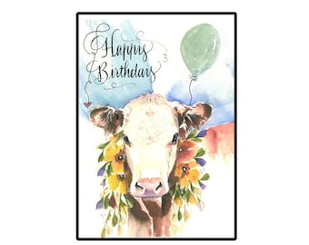 Birthday Card, Cow Birthday card, Cow with Flowers, Cow Card