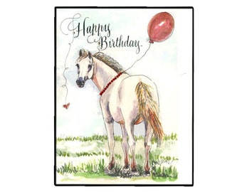 White Horse Birthday Card, Handmade Watercolor Horse card, Horse with balloons