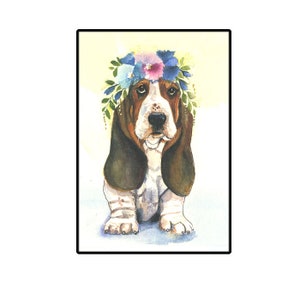 Watercolor Basset Hound Card with Flowers - Handmade