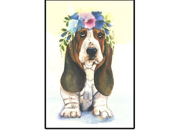 Watercolor Basset Hound Card with Flowers - Handmade