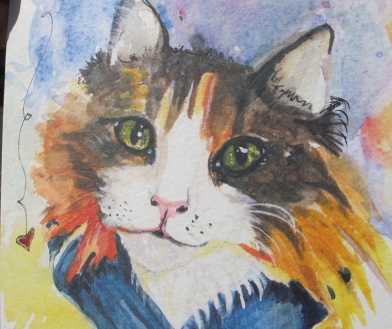 Handmade Calico Cat Happy Birthday Greeting Card Watercolor | Etsy