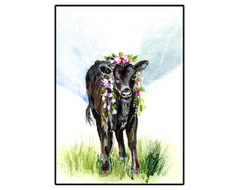 Cute black Angus calf Card, Cow Greeting Card, Black Angus Birthday Card