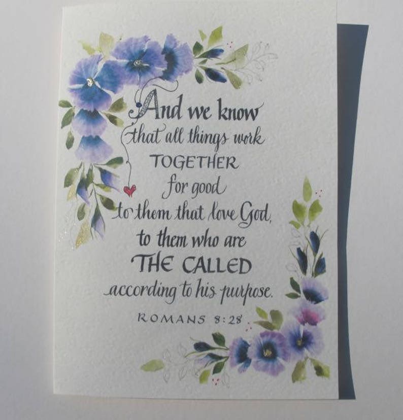 Christian Greeting Card, Scripture card, Romans 8:28 card, Bible verse Card with hand calligraphy and watercolor flowers image 2