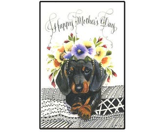 Mothers Day Dachshund Puppy Card, Mothers day card, Dachshund Card for Mom, Wiener Dog card,