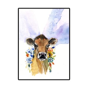 Jersey Cow with Flowers: Watercolor Art Greeting Card