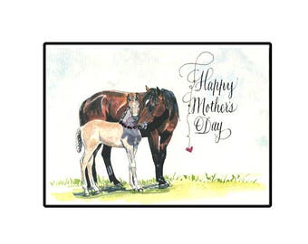 Mother's Day Card, Mare and Foal card, Mothers Day Horse card, Watercolor Horse Card with calligraphy