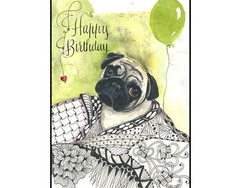 Birthday Pug Card, Happy Birthday Card with Pug Dog, Pug Dog Greeting Card, Watercolor Pug Card