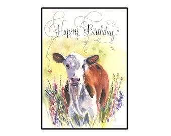 Tarjeta de vaca de feliz cumpleaños, tarjeta de vaca Hereford de acuarela, tarjeta de vaca hecha a mano,