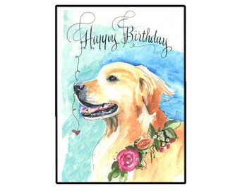 Golden Retriever Birthday Card, Handmade dog card, Watercolor dog art card, birthday card