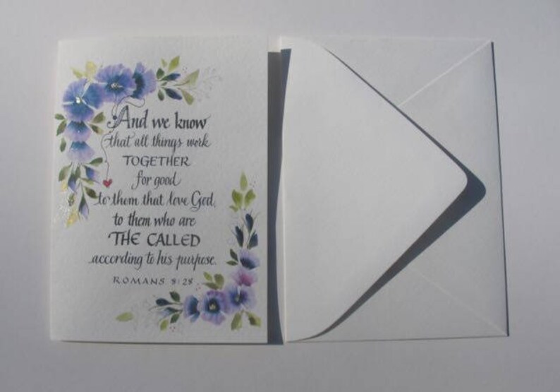 Christian Greeting Card, Scripture card, Romans 8:28 card, Bible verse Card with hand calligraphy and watercolor flowers image 3