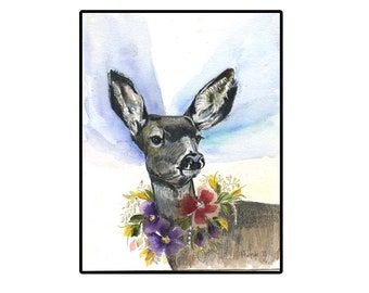 Deer Print, Watercolor Deer 8x10. Beautiful Deer with flowers