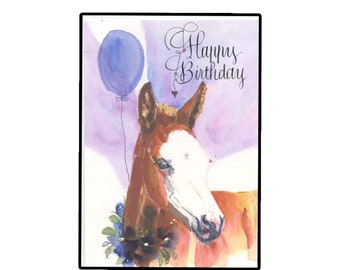 Cute Piebald Colt Birthday Card, Colt with Baloon, Birthday Horse card