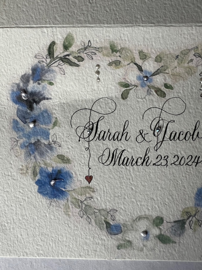 Puede incluir: Una pintura de acuarela de una corona floral con flores azules y hojas verdes. El texto "Sarah & Jacob March 23, 2024" est&aacute; escrito en cursiva.
