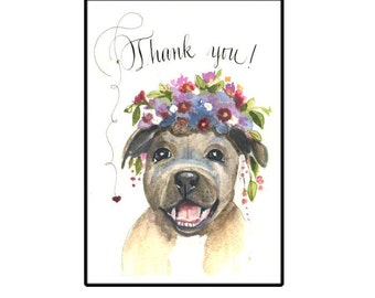 Pit Bull Card, Dog in watercolor with Flowers, Dog Greeting card