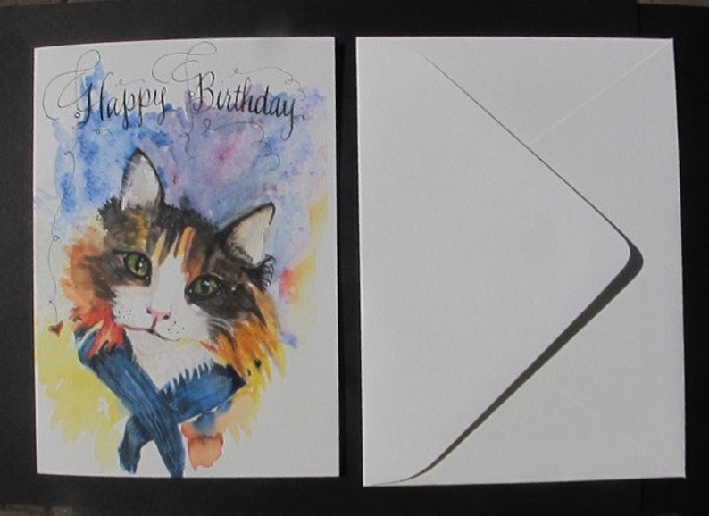 Handmade Calico Cat Happy Birthday Greeting Card Watercolor - Etsy