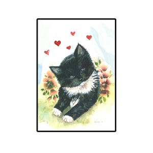 Watercolor Kitten Card: Black and White Cat Art