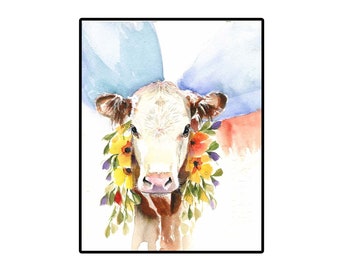 Hereford Cow Print, 8x10 Cow Art Print, Cow with Flowers