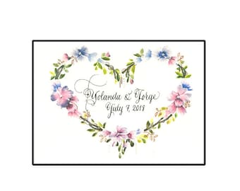Tarjeta de boda personalizada: Corazón floral en acuarela, caligrafía a mano