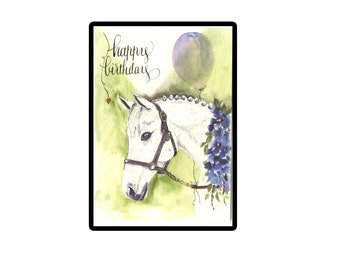 Tarjeta de cumpleaños de caballo blanco, tarjeta de caballo hecha a mano con globo.