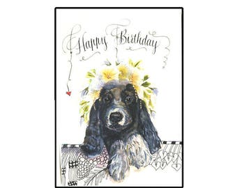 Cocker Spaniel Puppy Birthday Card, Cute Spaniel Birthday Card, Hand Painted dog card