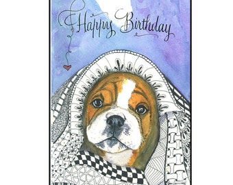 Tarjeta de cumpleaños de bulldog inglés hecha a mano: arte de acuarela