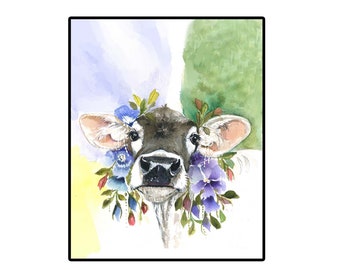 8 x 10 Cow Print, Watercolor Cow with Flowers