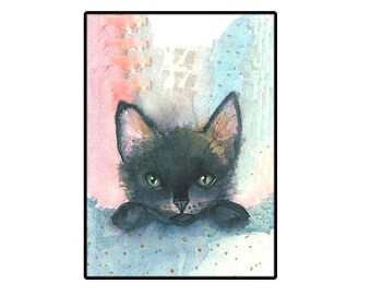 Watercolor Black Kitten Card, Cat Art, Cat Lover Gift