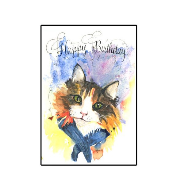 Handmade Calico Cat Happy Birthday Greeting Card, Watercolor Calico Cat